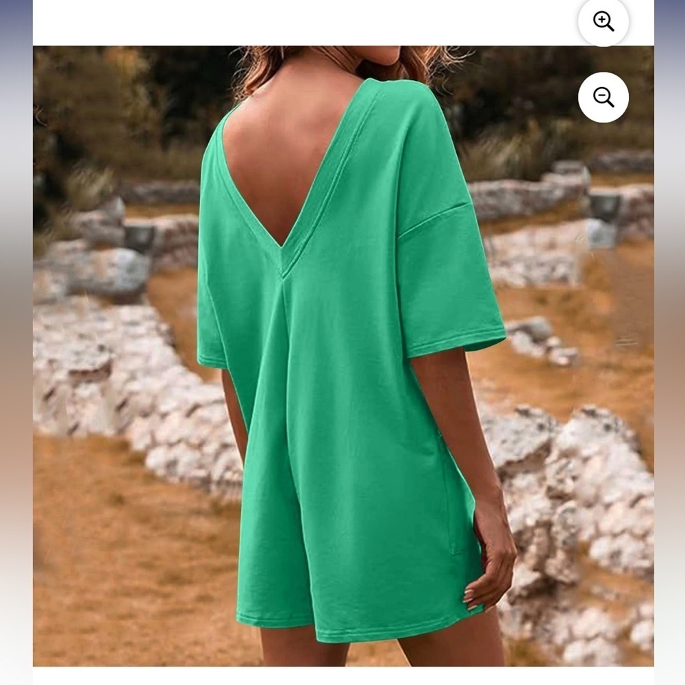 Women's Green Short Sleeve Oversized Relax Fit Comfy Romper Pockets Size Medium - Picture 2 of 7
